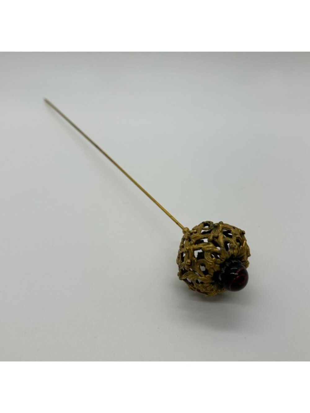 Antique Edwardian Hat Pin Gilded Brass Filigree Red Cabochon 1900s 9" READ - Picture 9 of 16